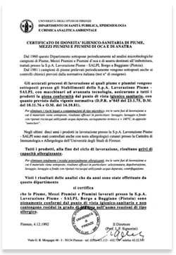 Certificato di idoneità igienico sanitaria di piume, mezzi piumini e piumini di oca e di anatra